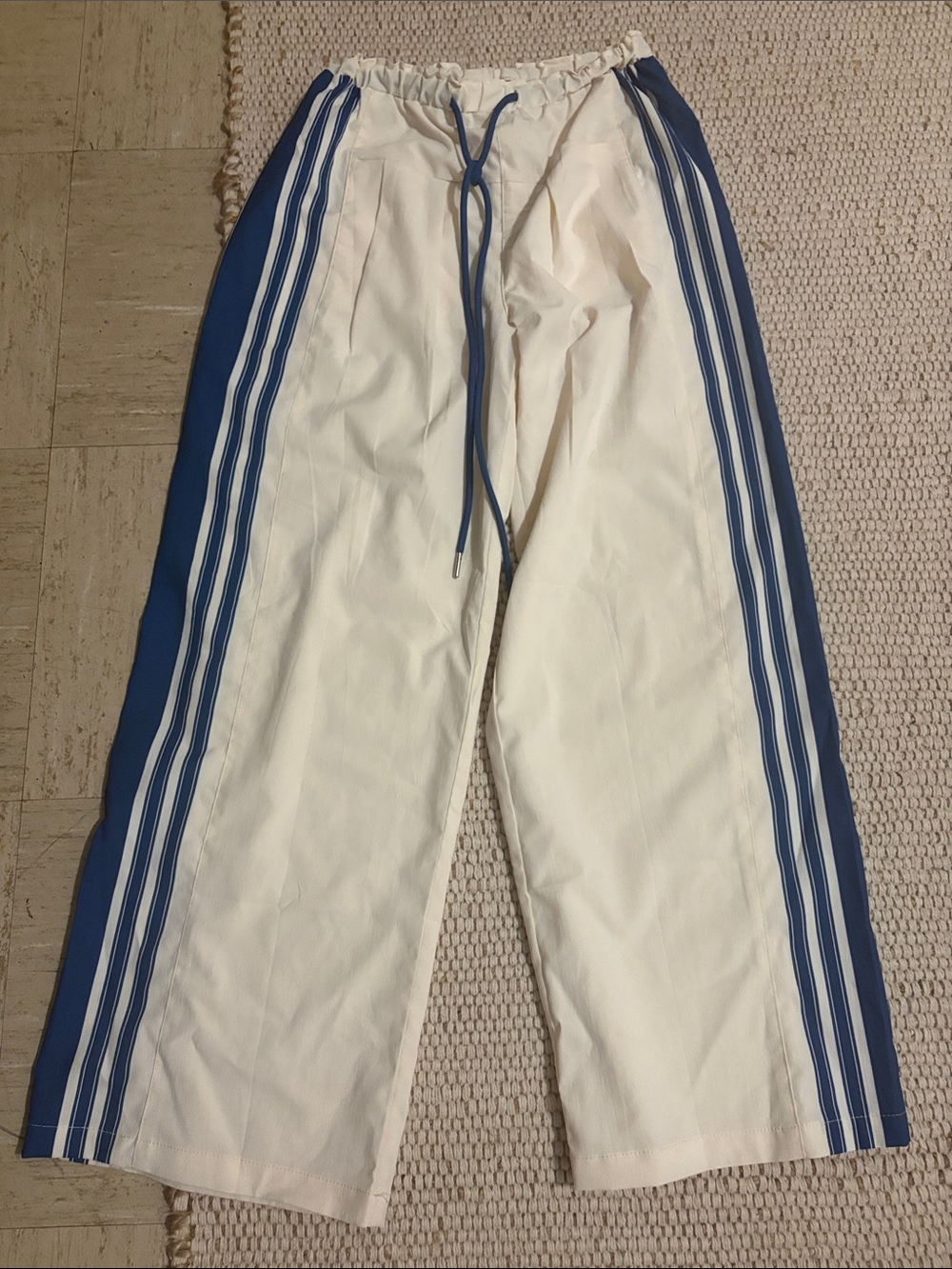 White Track Pants with Blue Side Stripes